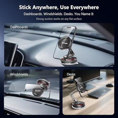 SYNCWIRE for MagSafe Car Mount [3-Axis] Nano Adhesive Gel + Strong Suction Cup Magnetic Phone Holder for Dashboard & Windshield, 360° Adjustable for iPhone 17 16 15 14 13 12, Samsung, Matte Black - color: Black