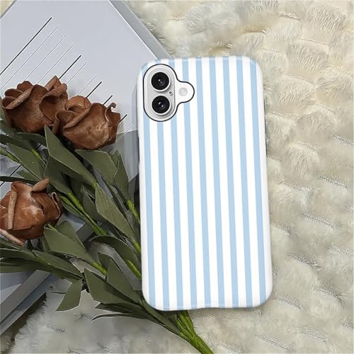 Compatible with iPhone 16 Plus Case,Glossy 2-in-1 Sleek All-Inclusive Dual-Layer Material Soft TPU + PC Back for Blue Stripes Geometric Pastel Summer Beach - color: Blue Stripes Geometric Pastel Summer Beach-Glossy, size: iPhone 16 Plus