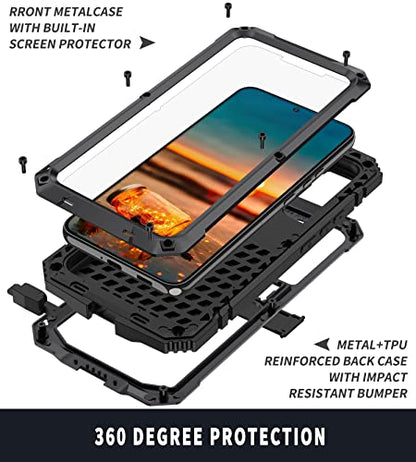 Simicoo Samsung Galaxy S22 Plus Aluminum Metal Bumper Silicone Case with Stand, Water Resistant, Heavy Duty Rugged, Built-in Screen Protector, Black - color: Black, size: S22 Plus