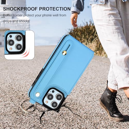 Folosu for iPhone 15 Pro Max Wallet Case with Card Holder, Hand Wrist Strap Loop Holder Kickstand, RFID Blocking Finger Grip Ring PU Leather Double Buttons Shockproof Cover 6.7" Blue - color: Blue