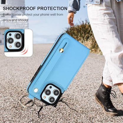 Folosu for iPhone 15 Pro Max Wallet Case with Card Holder, Hand Wrist Strap Loop Holder Kickstand, RFID Blocking Finger Grip Ring PU Leather Double Buttons Shockproof Cover 6.7" Blue - color: Blue