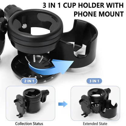 Stroller Cup Phone Holder Attachment, 3-in-1 Universal Cup Holder with Adjustable Phone Mount, Double Cup Holder for Walker Wheelchair Fits Most Donna, Uppababy, Bugaboo, Anti-Slip & Easy Install