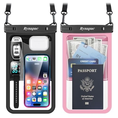 Rynapac Large Waterproof Phone Pouch [Up to 10"] - 2 Pack IPX8 Waterproof Phone Case for iPhone 17 16 15 Pro Max Galaxy S26 Ultra, Touchscreen & Underwater Photography, Beach Cruise Essentials 2026 - color: [Black + Pink] Large Waterproof Phone Pouch, siz