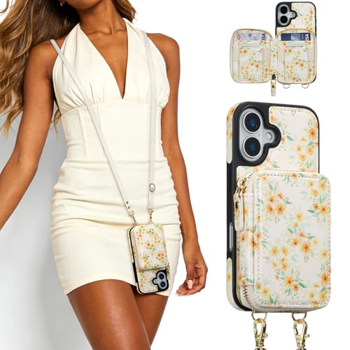 ZCDAYE Zipper Crossbody Wallet Case for iPhone 16, Sunflower | Flip Folio PU Leather, Practical Card Holder, Adjustable Lanyard Strap, RFID Blocking, Warm Sunflower Girly Phone Case - color: Sunflower, size: iPhone 16