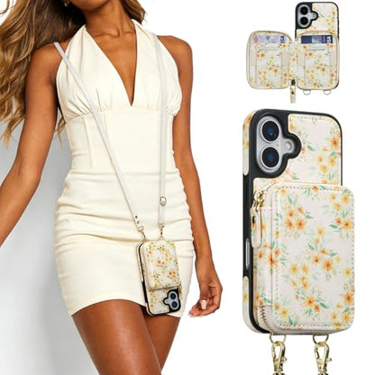 ZCDAYE Zipper Crossbody Wallet Case for iPhone 16, Sunflower | Flip Folio PU Leather, Practical Card Holder, Adjustable Lanyard Strap, RFID Blocking, Warm Sunflower Girly Phone Case - color: Sunflower, size: iPhone 16