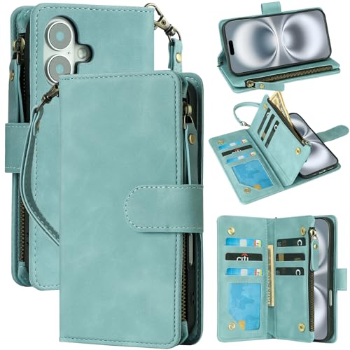 RANYOK Compatible with iPhone 16 Plus Case Wallet - PU Leather Wallet Case for iPhone 16 Plus with Card Holder RFID Blocking Zipper Pocket Flip Folio with Wrist Strap Protective Case (Baby Blue) - color: Light Blue, size: iPhone 16 Plus, 6.7"