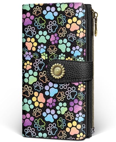 GIANCOMICS Puppy Dog Paw Womens Wallet RFID, Cute Credit Card Holder Bifold | Billfold, Cute Cash Purse, Travel Zipper Coin Pocket, Compact Clutch, PU Leather, ID Window, 11 Card Slots, Ladies Gift Woman - color: Colorful Paw