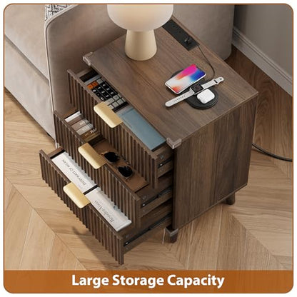 Lulive Wood Bedside Table w/Charging Station, 3 Drawers Fluted Dresser - color: Walnut, size: 3 Drawers-Set of 1 Nightstand