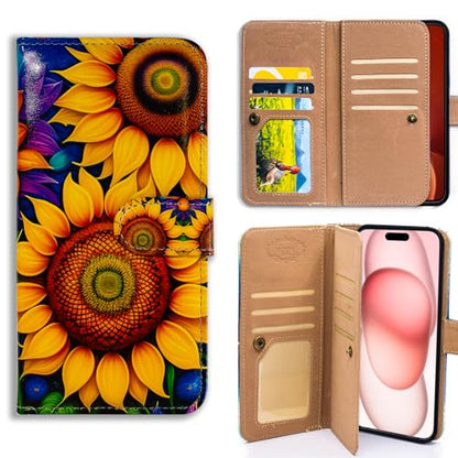 Bcov Case for iPhone 16,Beautiful Sunflowers Multifunction Leather Phone Case Wallet Flip Cover with Multi Card Slots Pocket Wrist Strap for Apple iPhone 16 - color: Beautiful Sunflowers