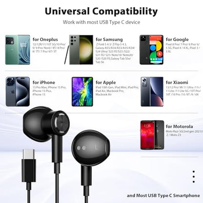 Jelanry Magnetic USB-C Wired Earbuds HiFi Stereo Headphones with Mic Black - color: Black