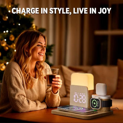 7 in 1 Clock with Charging Station, Charger with Alarm Clock Night Light - color: Wood