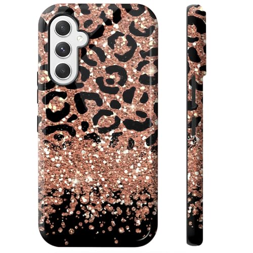 Leopard Glitter Phone Case for Samsung Galaxy S25, Dual Layer Shockproof Rugged Cover with Soft TPU + Hard PC, Anti-Scratch Slim Fit Wireless Charging Compatible - color: Leopard Glitter, size: 6.2" Galaxy S25