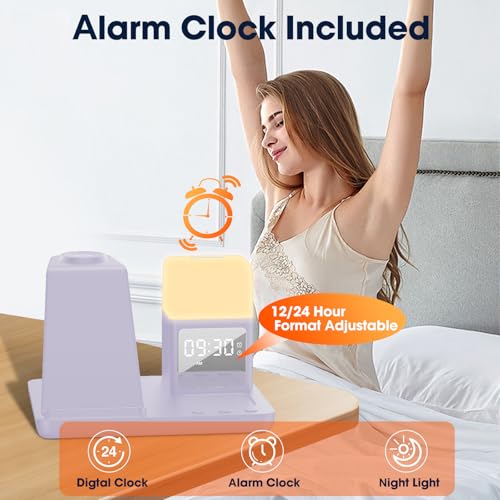 Wireless Charger for Samsung/Android, 6 in 1 Phone Nightstand Charging Station Charger with Alarm Clock/Night Light for Samsung S26/S25/S24 Ultra/Buds4,Watch Charger for Galaxy Watch 8/7/6/5 - color: Violet