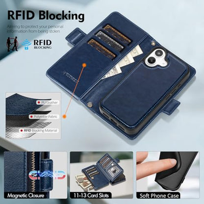 Antsturdy Compatible with MagSafe iPhone 17 Wallet Case,Dark Blue | Detachable Magnetic Credit Card Holder,RFID Blocking,PU Leather Zipper Purse,Wrist Strap Kickstand,Flip Phone Cover for Women - color: (Detachable with Magsafe)-Dark Blue