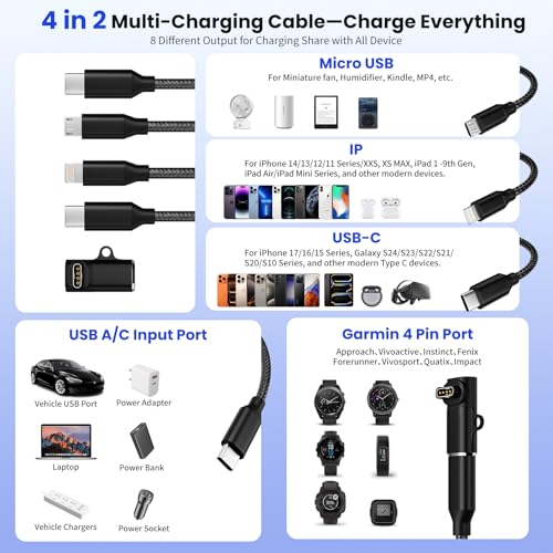 3 in 1 Multi Charging Cable for Garmin Watch Charger, 2Pack 4FT - color: Black, size: 4FT