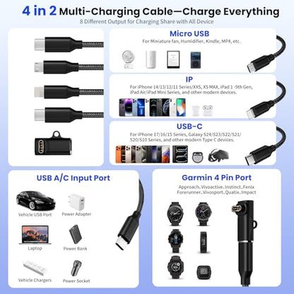 3 in 1 Multi Charging Cable for Garmin Watch Charger, 2Pack 4FT - color: Black, size: 4FT