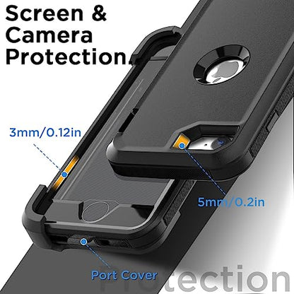 AICase for iPhone SE Case 3rd & 2nd Generation with Belt-Clip Holster, for iPhone SE 2022/2020 Case Built-in Screen Protector Heavy Duty Protective Full Body Rugged Phone Cover, Black - color: Black + Clip
