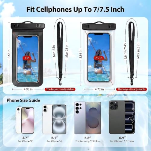 2 Pack IPX8 Waterproof Phone Pouch for iPhone 17 16 15 14 Pro Max | Adjustable lanyards, Black edge case, Transparent dry bag, Easy touch screen, Kayak, Cruise, Travel, Beach - color: Black+Transparent