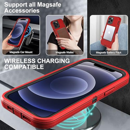 YKHJKLEC for iPhone 12/12 Pro Case, Compatible with Magsafe, Military Grade 3 in 1 Heavy Duty Shockproof/Drop Proof/Dust Proof with 2Pcs Tempered Glass Screen Protector (New-Red/Black) - color: New-Red/Black