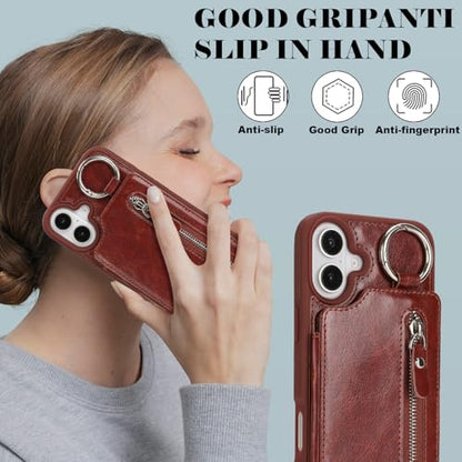 Ｈａｖａｙａ for iPhone 16 case Wallet with Card Holder for Women Men Shockproof Phone case with Keychain Ring Stand Leather Zipper Credit Card Slots-Deep Brown - color: Deep Brown-Ring