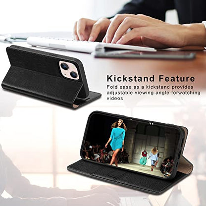 Belemay Case Compatible with iPhone 15 Wallet Case-Genuine Leather-RFID Blocking Card Holders-Shockproof TPU Shell-Kickstand-Durable Flip Cover-Book Folding Phone Case Women Men (6.1-inch) Black - color: Black, size: iPhone 15