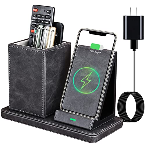 Wireless Charger with Desk Organizer, Wireless Charging Station for iPhone 13/13 Pro Max/13 Pro/12 Series/11/XS Max/XR/X/8Plus/SE 2, Wireless Charging Stand with Leather… (Gray) - color: Gray