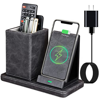 Wireless Charger with Desk Organizer, Wireless Charging Station for iPhone 13/13 Pro Max/13 Pro/12 Series/11/XS Max/XR/X/8Plus/SE 2, Wireless Charging Stand with Leather… (Gray) - color: Gray