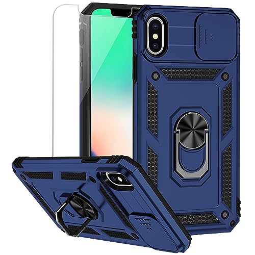 for iPhone XS Max Case with Camera Lens Cover HD Screen Protector, Dual Layer Military Grade Drop Protection Magnetic Ring Holder Kickstand Protective Phone Case for iPhone XS Max 6.5 inch (Navy Blue) - color: Navy Blue with camera cover Military-Grade 2n