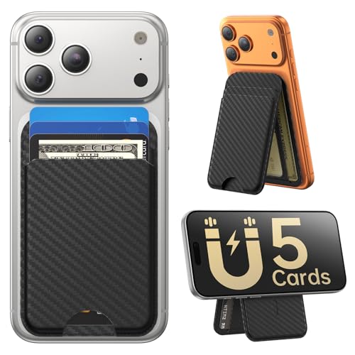 for MagSafe Wallet with Stand, 5 Card Holder, Slim Leather Magnetic Wallet for iPhone 17/16/15/14/13/12 Pro Max Plus Air Series, 3 Card Slots & 1 Cash Slot,Carbon Fiber - color: Carbon Fiber