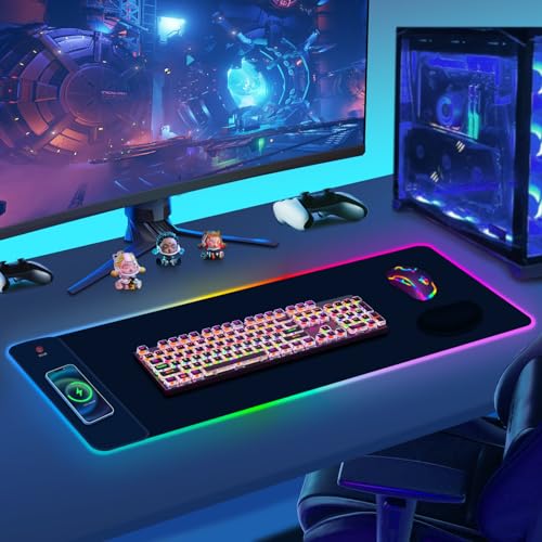 ToLuLu Wireless Charging RGB Gaming Mouse Pad, 15W LED Mouse Mat with 30W Charger, 14 Light Modes Large Mousepad Wrist Support, Non-Slip Rubber Base Desk Mat Computer PC Keyboard Pad XXL, Cool Black - color: Black