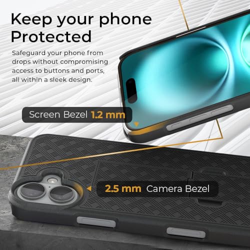 MOTIVE for iPhone 16 Case with Belt Clip, Rigid, Kickstand | 6.1" | Ranger v1 Series, Black, 360° holster, open-top/open-bottom port access, textured grip, slim - size: iPhone 16