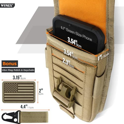 WYNEX Tactical Phone Pouch Molle, Phone Blet Holder Fit 4.0-6.7" Screen | Cellphone Holster with 2 compartmen & Card Organizer, Include Tactical Gear Clip, 1000D Nylon - color: Khaki