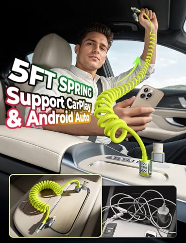 240W 4 in 1 Coiled USB C Cable, 5FT CarPlay & Android Auto Cable - color: Green, size: 240W, style: Coiled Cable