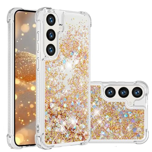 LEMAXELERS for Samsung Galaxy S26 Bling Glitter Case. YBL Gold | Cute Floating Quicksand Shockproof Protective, Sparkle Soft TPU for Women Girls Phone Cover for Galaxy S26 - color: Love-3, size: S26