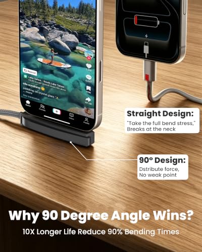 USB-C to Lightning Cable with Built-in Phone Stand - 2-in-1 Invisible Holder iPhone Charger Cord, MFi Certified 27W PD Fast Charging 90 Degree Sideways iPhone Charger for iPhone 14-5, iPad, Gaming