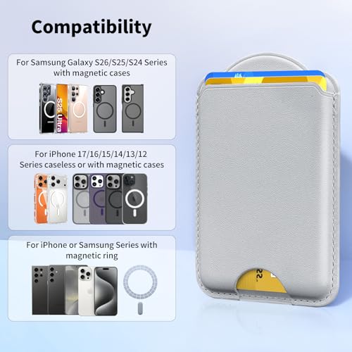 Magnetic Wallet for Samsung Galaxy S26 S25 S24 Series, Fold 8 Ultra with Magsafe Case, for iPhone 17-12 Series, RFID Blocking Leather Magnetic Card Holder | Holds 3 Cards | Gray - color: Gray