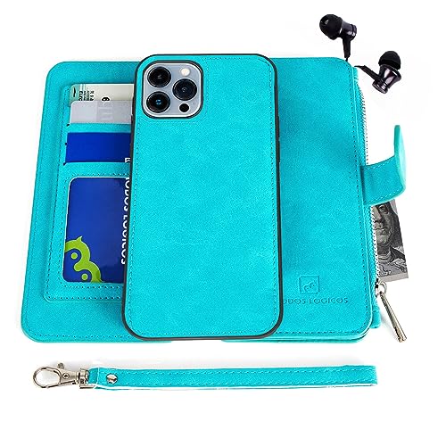 MODOS LOGICOS Case Compatible with iPhone 15 Pro Max 6.7", [Detachable Wallet Folio][Zipper Cash Storage][14 Card Slots 1 Id Window] PU Leather Purse with Removable Inner Magnetic TPU Case - Teal - color: Teal, size: iPhone 15 Pro Max