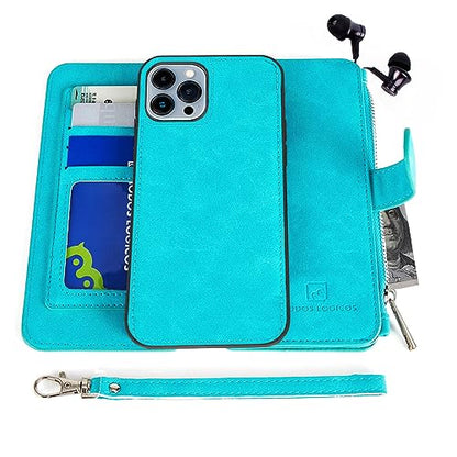 MODOS LOGICOS Case Compatible with iPhone 15 Pro Max 6.7", [Detachable Wallet Folio][Zipper Cash Storage][14 Card Slots 1 Id Window] PU Leather Purse with Removable Inner Magnetic TPU Case - Teal - color: Teal, size: iPhone 15 Pro Max