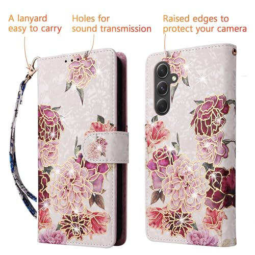 UEEBAI Wallet Case for Samsung Galaxy S23 5G, PU Leather Phone Case Kickstand RFID Blocking Flip Case with Card Slots Wrist Strap Relief Engraved Pattern Magnetic Closure Folio Case - White Flower - color: White Flower, size: Samsung Galaxy S23 5G