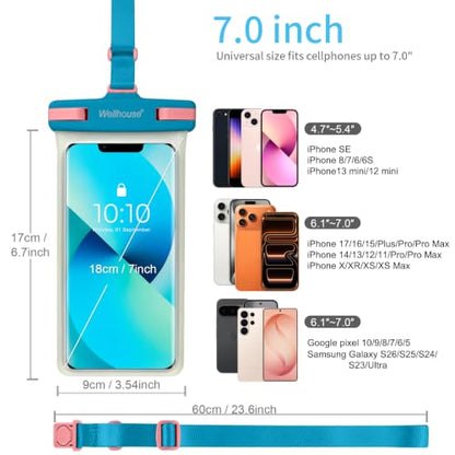 wellhouse Waterproof Phone Pouch, Waterproof Phone Case for iPhone 17 16 15 14 13 Pro Max XS Samsung, IPX8 3D Cellphone Dry Bag Beach Essentials (1 Pack - Luminous Blue7.0, 7 inch) - color: 1 Pack - Luminous Blue7.0"