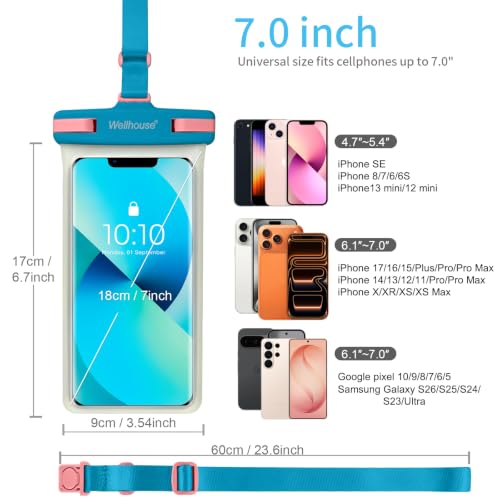 wellhouse Waterproof Phone Pouch, Waterproof Phone Case for iPhone 17 16 15 14 13 Pro Max XS Samsung, IPX8 3D Cellphone Dry Bag Beach Essentials (1 Pack - Luminous Blue7.0, 7 inch) - color: 1 Pack - Luminous Blue7.0"