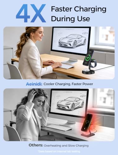 Aeinidi 3 in 1 Fast Wireless Charging Station for Apple MagSafe Charger - color: Classic Black, size: 15W