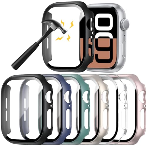 Rontion 6 Pack Case with Screen Protector for 42mm Apple Watch Series 11/10 | Ultra-Thin Scratch Resistant Tempered Glass Cover Full Protective Hard PC Bumper Compatible with iWatch Series 11 10 42mm - color: Black+Blue+Green+Starlight+Clear+Rose Gold, si