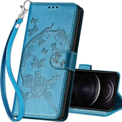 for iPhone 13/14 Wallet case, Blue-Flower | 3 Card Holders, Kickstand, Shockproof TPU Shell, PU Leather, Magnetic Closure, Protective Flip Folio Cover, Women - color: 7