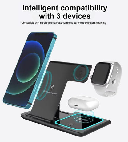 3-in-1 Wireless Charging Station for iPhone, Apple Watch & AirPods, Foldable Fast Wireless Charger Stand with Night Light, 15W Qi Charging Dock
