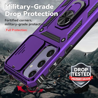 for Samsung Galaxy S24 FE Case with Camera Lens Cover HD Screen Protector, Dual Layer Military-Grade Drop Tested Magnetic Ring Holder Kickstand Protective Phone Case for Galaxy S24 FE (Purple) - color: Purple with camera cover Military-Grade 2nd gen