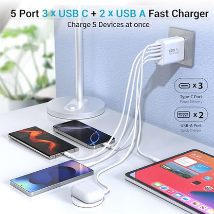 TZBAY 2-Pack USB C Charger Block, 60W 5 Ports Wall Charger Fast Charging - color: White 2Pack