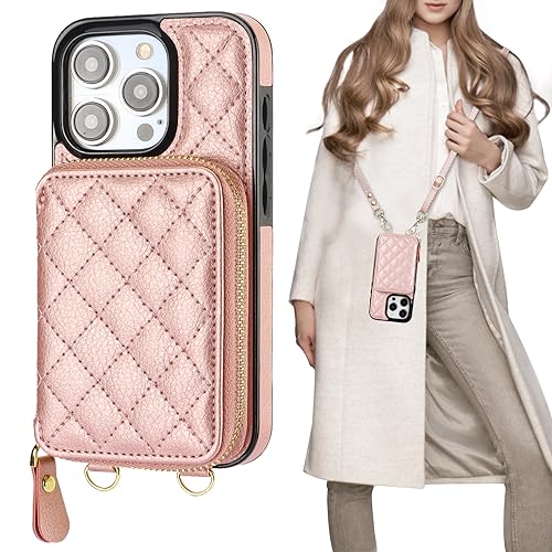 Bocasal Crossbody Wallet Case Card Holder for iPhone 15 Pro, Rose Gold | RFID Blocking PU Leather Zipper Handbag Purse, Kickstand Flip Folio Case with Card Slots Holder Wrist Strap Lanyard 6.1 Inch - color: Rose Gold