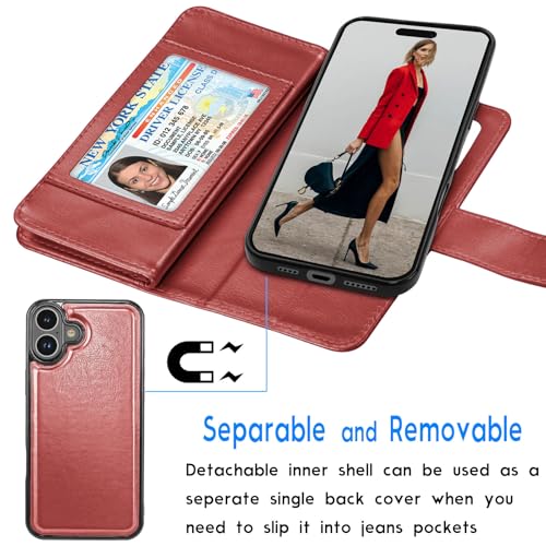 Tekcoo Wallet Case Compatible with iPhone 16 (6.1 inch) 2024 Luxury ID Cash Credit Card Slots Holder Carrying Pouch Folio Flip PU Leather Cover [Detachable Magnetic Hard Case] with Strap [Wine Red] - color: Wine Red, size: 16