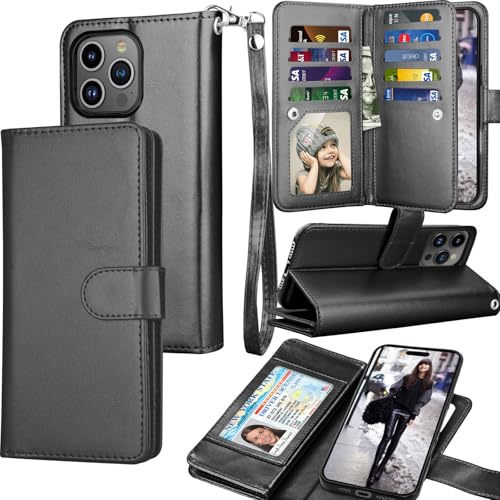 Tekcoo Wallet Case Compatible with iPhone 16 Pro (6.3 inch) 2024 Luxury ID Cash Credit Card Slots Holder Carrying Pouch Folio Flip PU Leather Cover [Detachable Magnetic Hard Case] with Strap [Black] - color: Black, size: 16 Pro